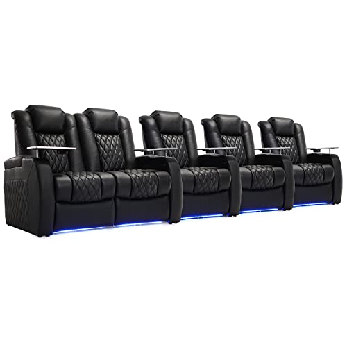 Home Theater Seating Top Grain Leather Loveseat Recliner Chair Dual Power Movie Gaming Sofa Electric Headrest with Tray Table Type-C USB Charge Cup Holders (Row of 4 Right, Coffee Brown)