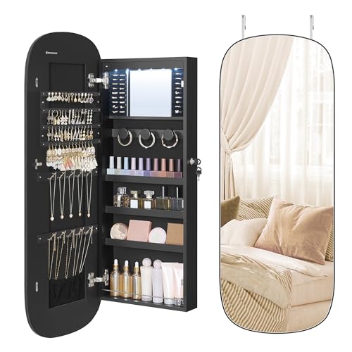 SONGMICS Jewelry Organizer, LED Jewelry Cabinet Wall or Door Mounted, Lockable Rounded Wide Mirror with Storage, Interior Mirror, 3.9 x 16.5 x 42.5 Inches, Black Surface with Black Lining
