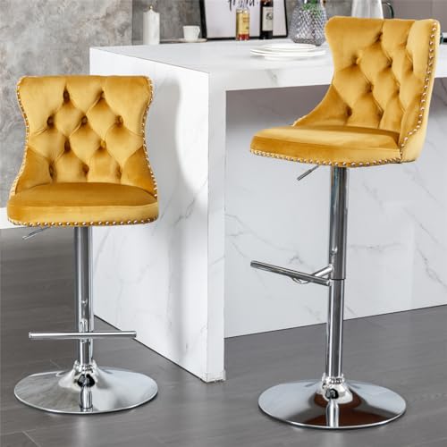 Bar Stools, Set of 2 Counter Height Bar Stools, Swivel Velvet Barstools with Backs Comfortable Tufted for Home Pub and Kitchen Island, Upholstered Counter Stools Adjusatble Seat Height, Black