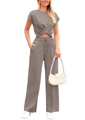 PRETTYGARDEN Women's Summer Two Piece Outfits Tracksuit Twist Front Crop Tops T Shirts Wide Leg Pants Matching Lounge Sets