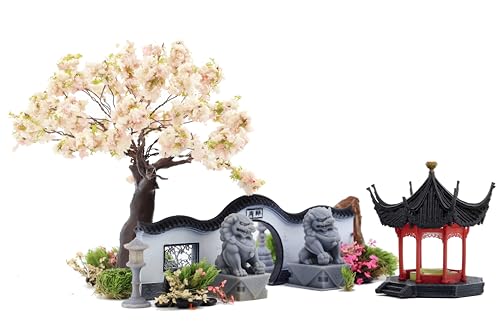 Mini Chinese Suzhou Garden - Paludarium Decor, Zen Garden Kit, Spider Tank Decorations, Miniature House kit, Dollhouse Accessories, Fairy Garden Accessories, Terrarium Decor (White Plum Tree Theme)