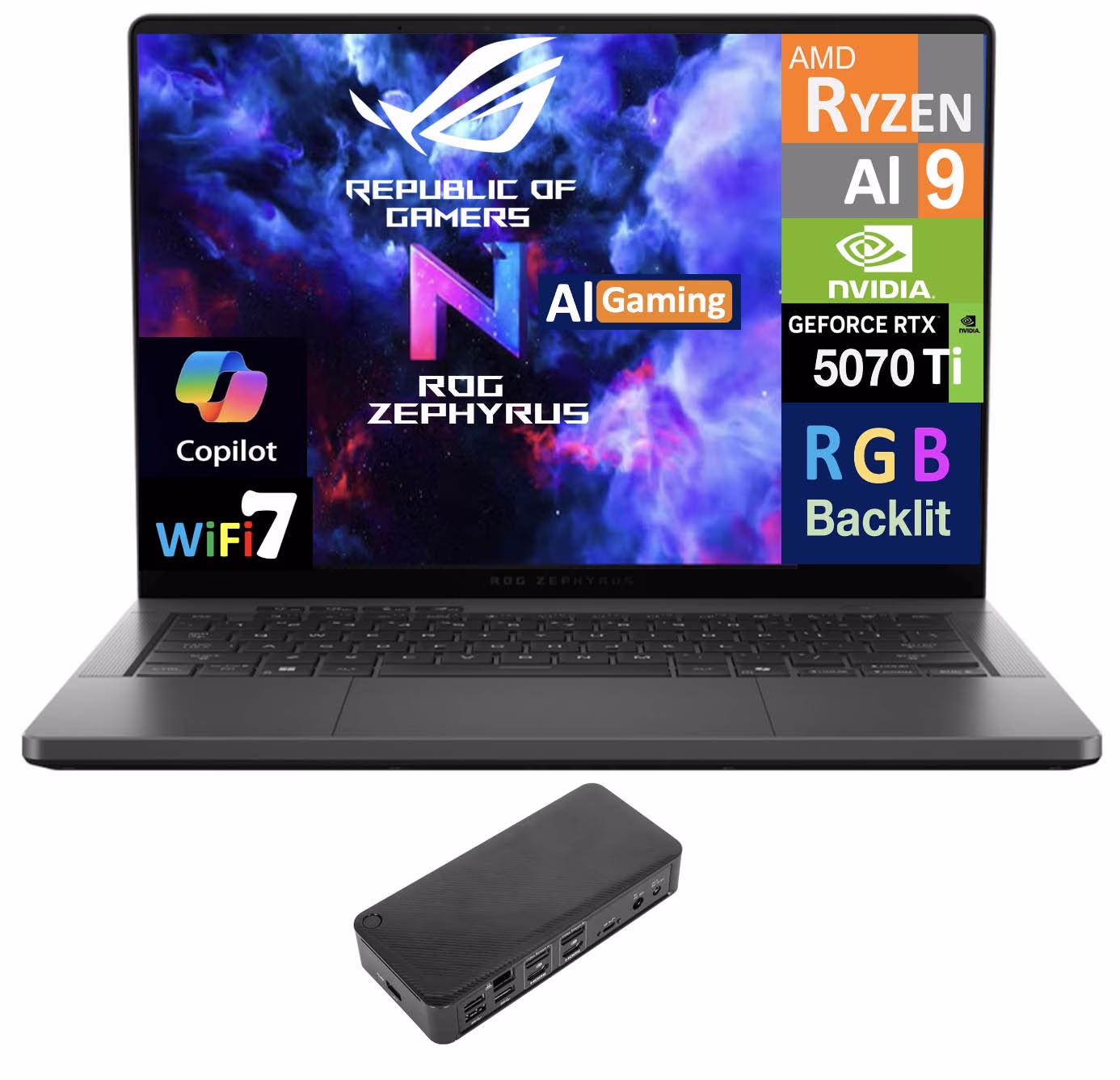 ASUS ROG Zephyrus G14 AI Gaming Laptop 14.0in 120Hz 2.8K Display (AMD Ryzen AI 9 HX 370, GeForce RTX™ 5070 Ti 12GB, 32GB LPDDR5X, 4TB PCIe SSD, RGB KB, WiFi 7, Webcam, Win 11 Pro) w/USB-C Dock