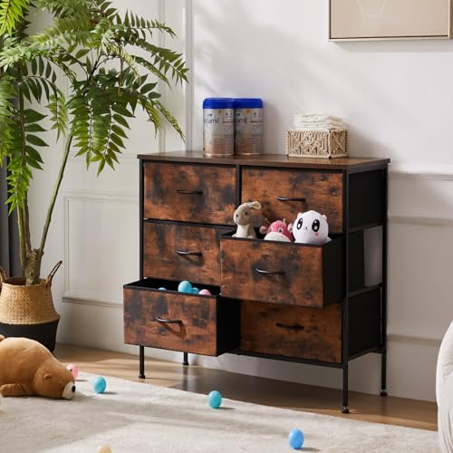 Sweetcrispy 6 Drawers Dresser for Bedroom, Kidsroom Furniture, Small Chest Tower, Storage Organizer Units for Clothing, Closet, Fabric Bins, Wood Top, Steel Frame, Lightweight, Assemble Tools Include