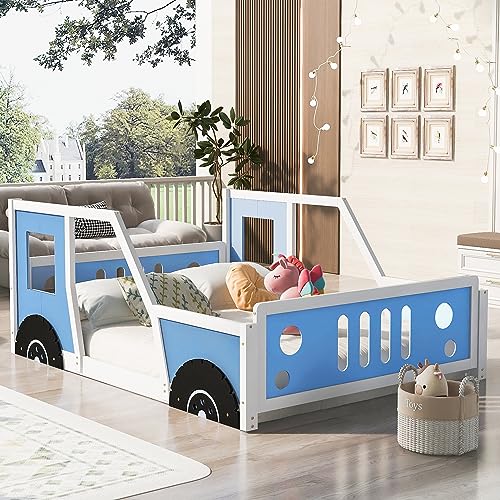 MERITLINE Full Size Car-Shaped Kids Car Bed, Wooden Floor Bed Platform Bed with Guardrails, Full Bed with Headboard and Footboard for Kids Girls Boys, White