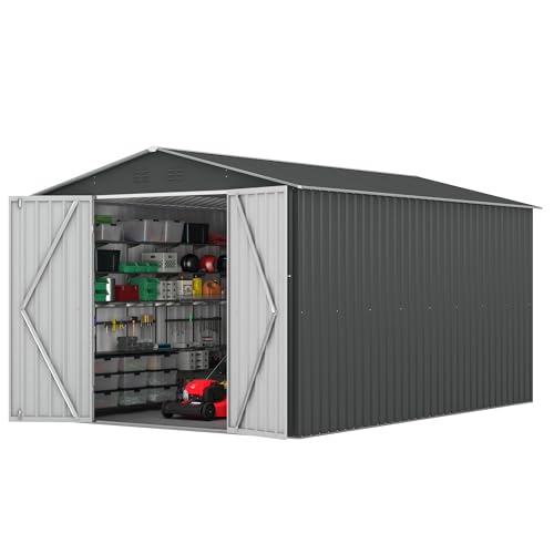 8x12 FT Outdoor Storage Shed, Large Metal Tool Sheds with Updated Frame Structure and Lockable Doors, Garden Shed for Backyard Garden Patio Lawn Grey