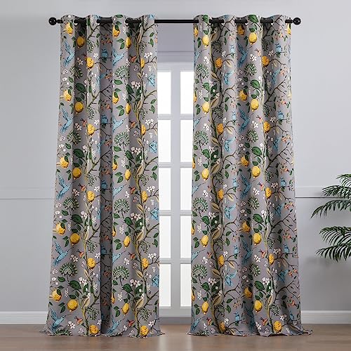 Topfinel 90 Inches Long Curtains, Gray and Yellow Moody Country Anthropologie Cabin Blackout Sun Block Floral Hummingbird Plant Lemon Patterned Grommet Damask Drapes Two Pages for Living Room office