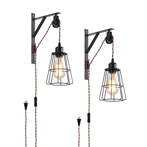 YILYNN Industrial Rustic Cage Wall Lamp Bracket Pulley Lights Fixture, Farmhouse Pendant Lamp Adjustable Hanging with Plug in Cord - Retro Wall Sconce for Indoor Living Room Restaurant (2-Pack)
