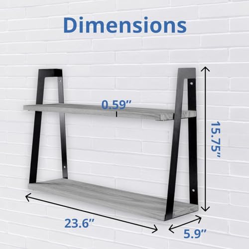 Halter Wall Mounted Floating Shelf with Rail and Wooden Towel Rod, Grey Wood