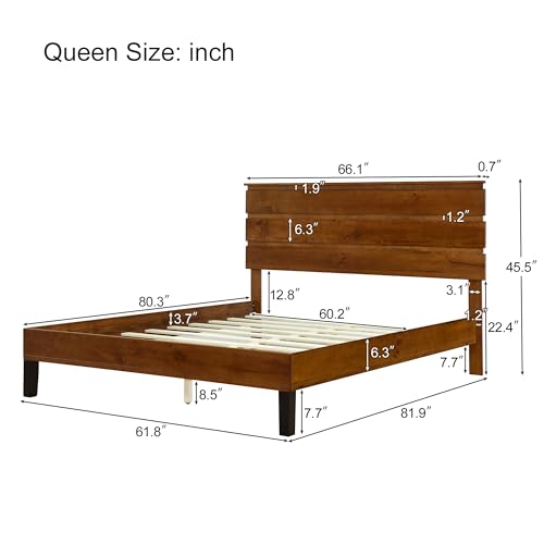 Queen Size Wood Platform Bed Frame with High Headboard Rustic Vintage Wood Bed Frame Queen, Strong 10 Wood Slats Support,Six-Piece Headboard Design,No Box Spring Needed, Brown