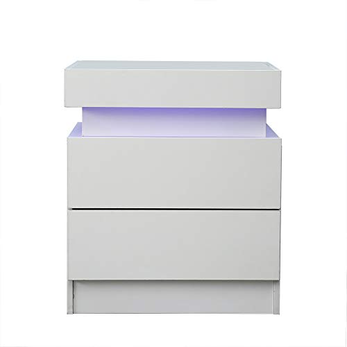 Nightstand w/LED Lights,2-Drawer Bedroom Nightstand,Small Side End Table,Bedside Storage Shelf w/Light (White)