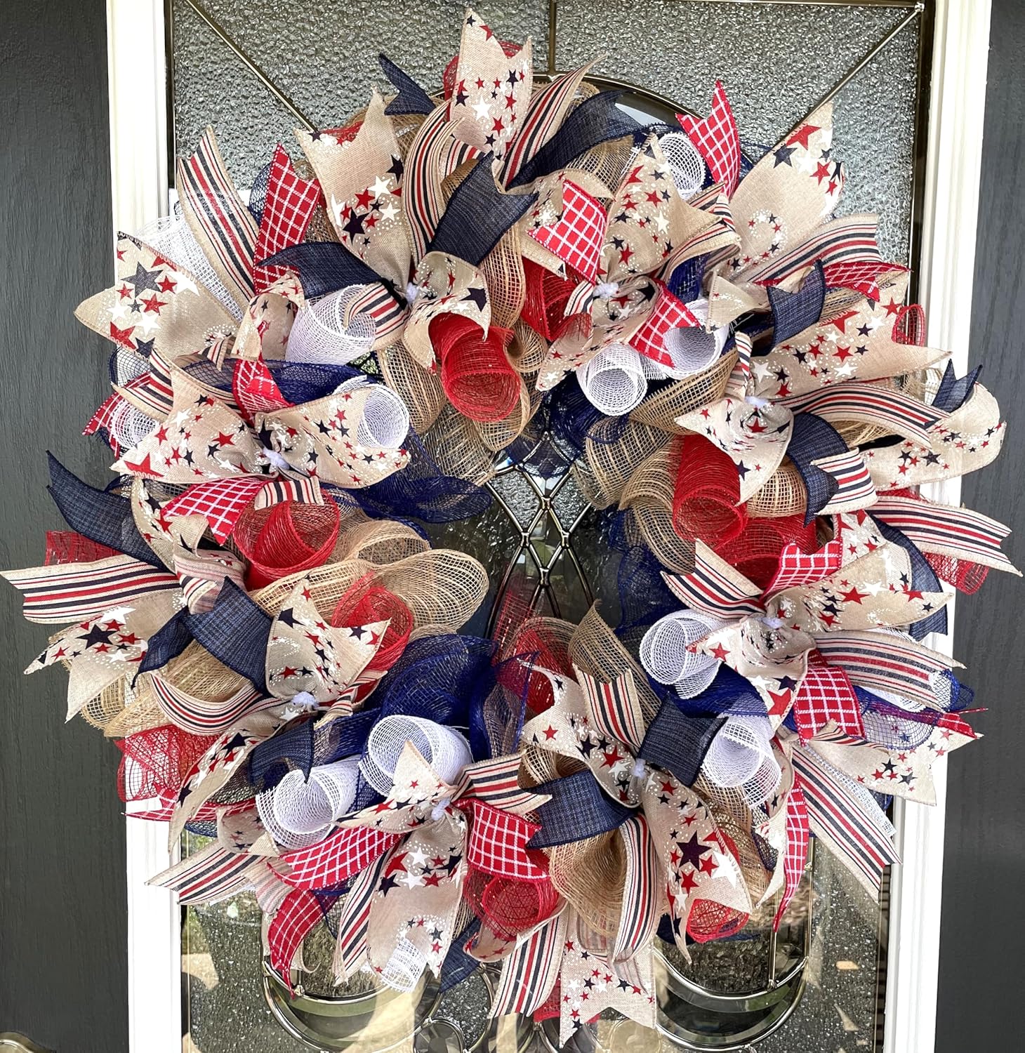 Patriotic 4th of July Country Stars Deco Mesh Front Door Wreath, Home Decor, Front Door Wall Entryway, Patio Porch Garden, Living Room Bedroom Wall Decoration, Handmade Handcrafted