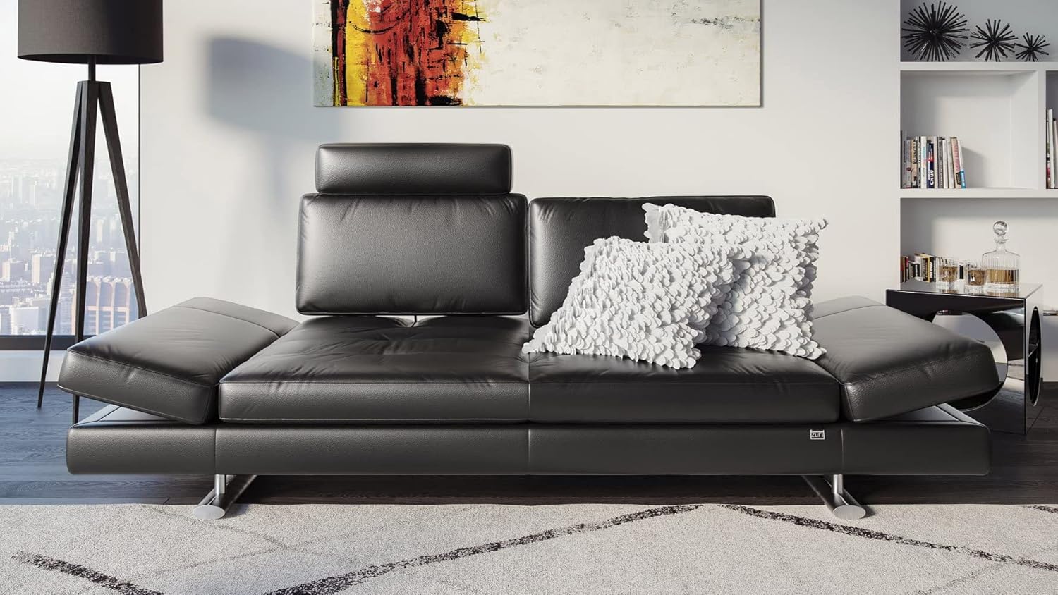 ZURI Bentley Black Top Grain Leather Modern Sofa