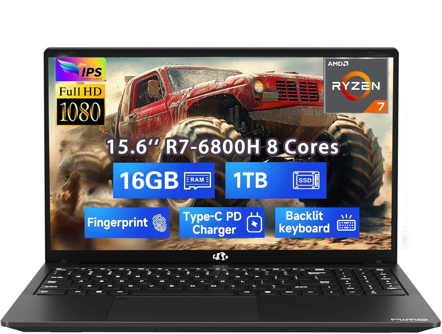 15.6" IPS FHD Gaming Laptop, 8 Cores AMD Ryzen 7 6800H 16GB DDR5 RAM 1TB SSD (Up to 4.7GHz) AMD Radeon 680M GPU-Computer with 100W GaN Type-C Backlit Keyboard Fingerprint Black