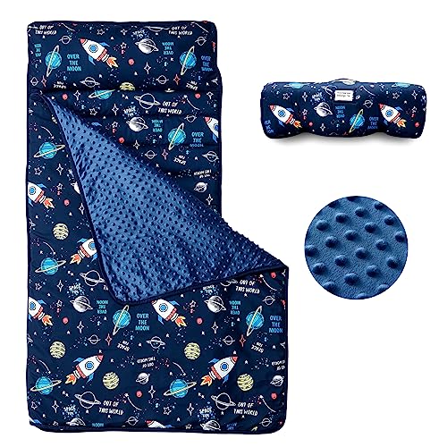 beeweed Toddler Nap Mat, Rollup Design Kid Sleeping Mat with Removable Pillow & Minky Blanket, Toddler Sleeping Bag for Daycare Preschool Travel Camping