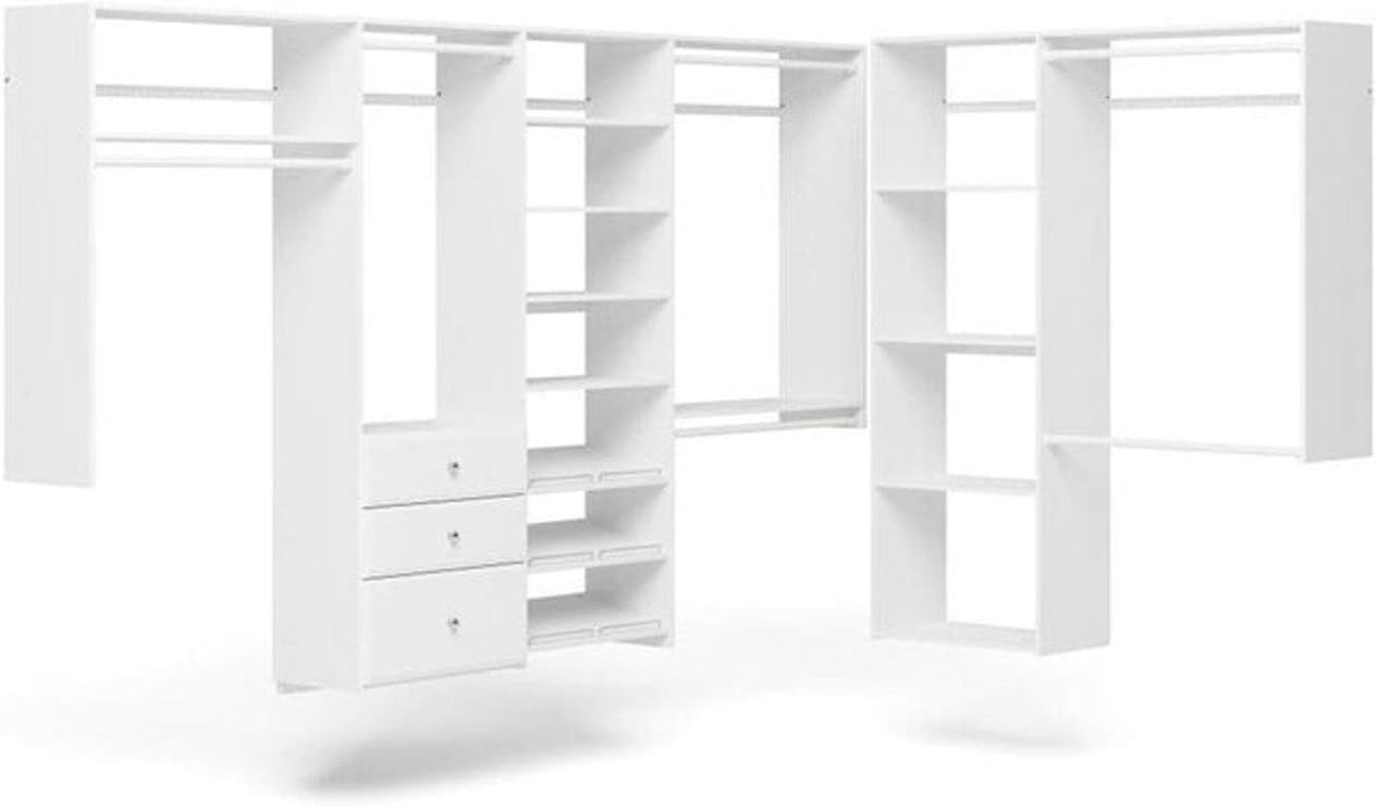 Easy Track PH60-WH L Shaped Walk In Closet Storage Wall Mounted Wardrobe Organizer Kit System with Shelves & Drawers for Bedroom in White w/ Hardware