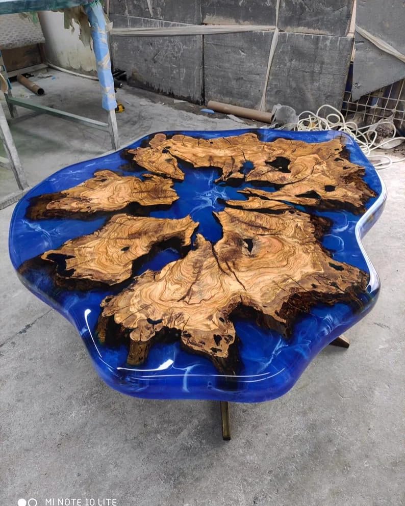 Tuzech Customized Resin Epoxy Round Table Top, Blue Ocean River Look, Coffee Table Design, Resin Table, Luxury Decor Table, Walnut Table, Wooden Resin Table, (28.5