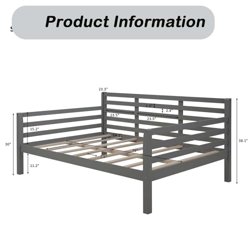 Full Size Wooden Day Bed Frame with Headboard, Wood Slats Support, No Box Spring Needed, Easy Assembly for Bedroom Small Living Room Apartment, Classical Sofa Bed Frame (Gray)