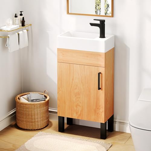 DWVO Natural Brown Bathroom Vanity with Undermount Ceramic Sink, 24 Inch Small Bathroom Sink Cabinet, Modern Bathroom Storge Vanity Includes Adjustable Legs, 2 Large Soft Closing Doors & Drain