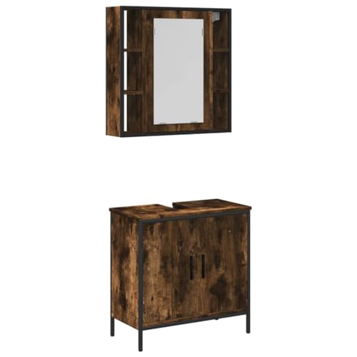 2 Piece Bathroom Furniture Set Smoked Oak Engineered Wood,Durable Bathroom Vanity Set with WallMounted Mirror Cabinet for Enhanced Storage and Space Optimization