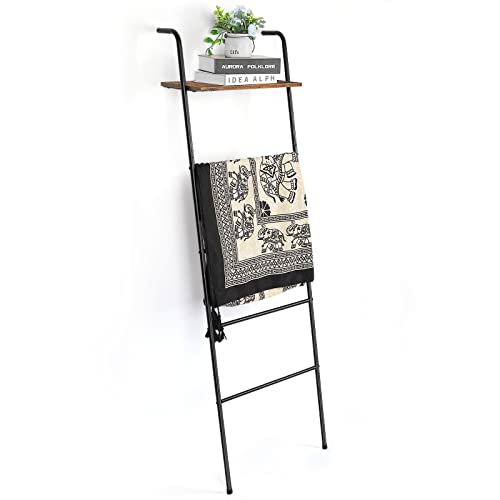 Vrisa Blanket Ladder Set of 2 Blanket Rack for Living Room Wall Ladder with Shelf and 8 Hooks Towel Ladder for Bathroom Farmhouse 5-Tier Metal Bath Towel Storage Black