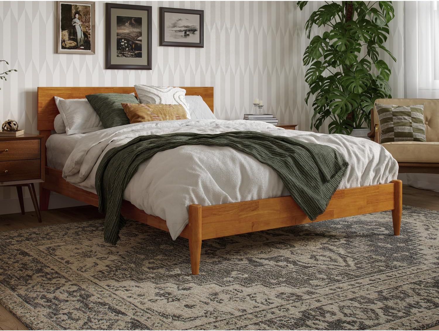 Asian AllureFull Solid Wood Modern Low Profile Platform Bed in Light Toffee