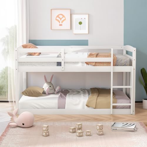 GORELAX Bunk Bed Twin Over Twin, Low Loft Bunk Bed with Ladder & Guard Rail, Space Saving Pine Wood Bed Frame, No Box Spring Needed, for Bedroom, Dorm, Apartment (Grey)