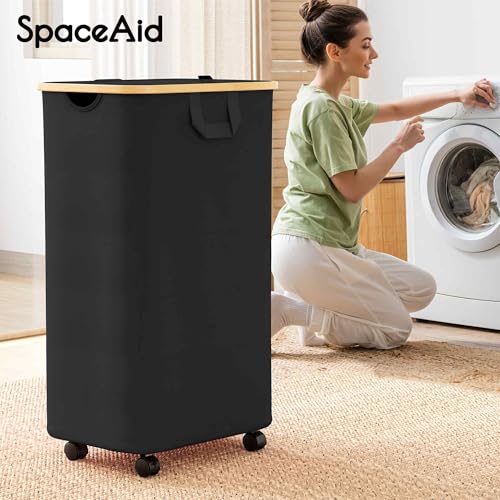 SpaceAid Laundry Hamper with Wheels and Lid, 29 Gal (110L) Rolling Clothes Basket with Bamboo Handle, Large Laundry Hamper for Bedroom, Bathroom, Dorm, Laundry Room - Gray