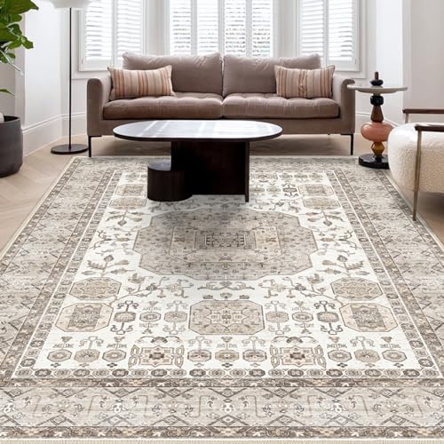 Area Rug 9x12 Washable Rug Vintage Rug Traditional Mat Distressed Indoor Foldable Thin Rug Retro Accent Rug Non Slip Carpet Living Room Dining Room Office (Beige Cream Grey, 9x12)…