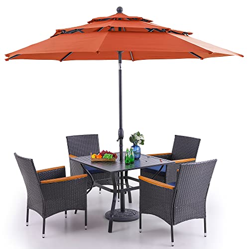 PHI VILLA 8-Piece Patio Dining Set for 6,1 Rectangular 60 Inch Metal Umbrella Table & 6 All Weather PE Wicker Cushioned Chairs & with 13ft Double-Sided Outdoor Umbrella(No Base, Navy Blue)