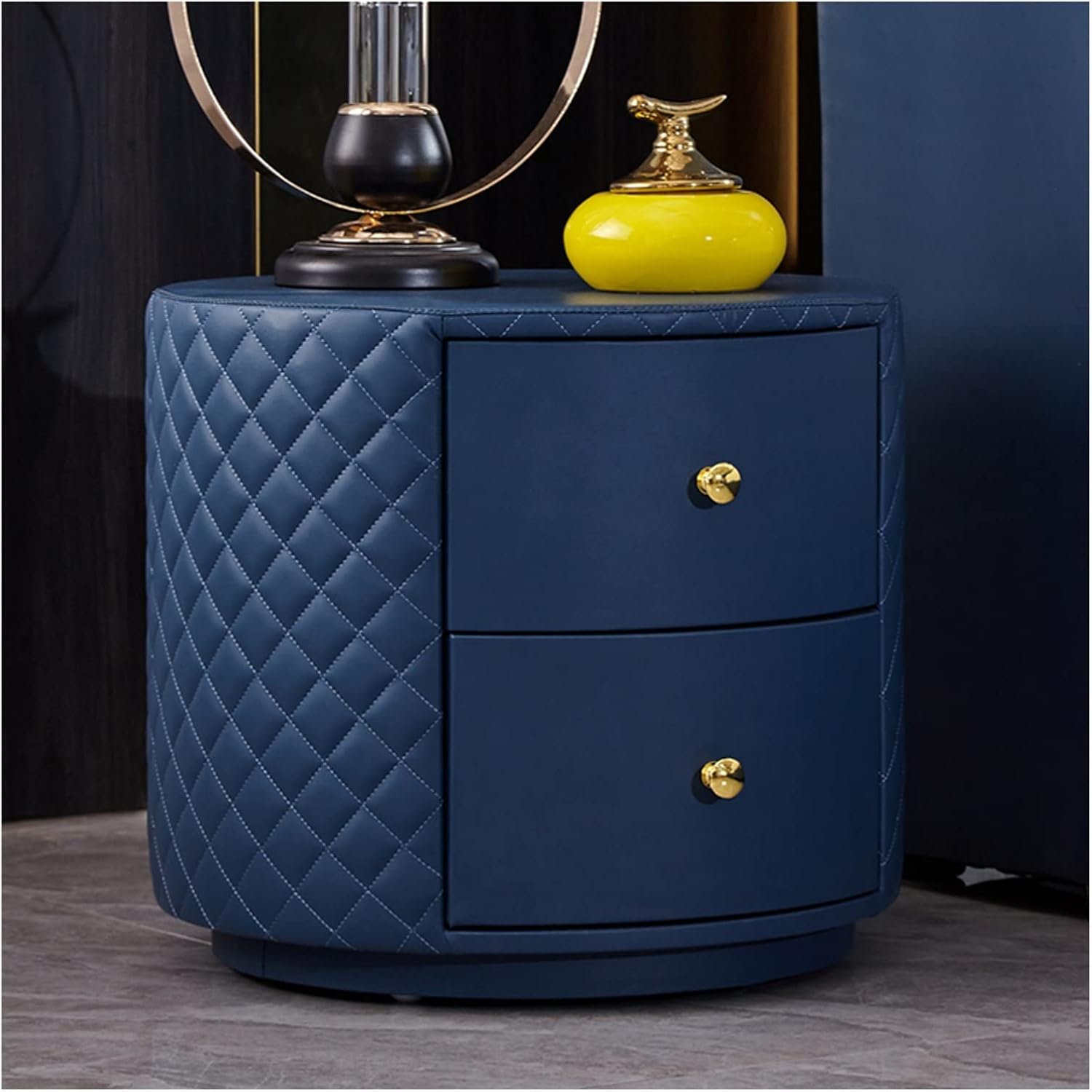 Fashion Round Nightstand, Bedroom Nightstands with 2 Drawer, Solid Wood Leather Storage Cabinet, Bedside Tables Furniture for Home Bedroom