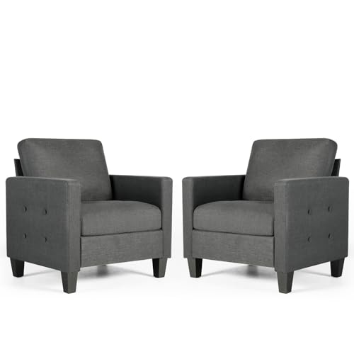GRAVFORCE Mid Century Accent Chair Set of 2, Fabric Armchair for Living Room, Upholstered Reading Chair, Modern Button Tufted Single Sofa with Lounge Seat for Bedroom, Office (Dark Grey)