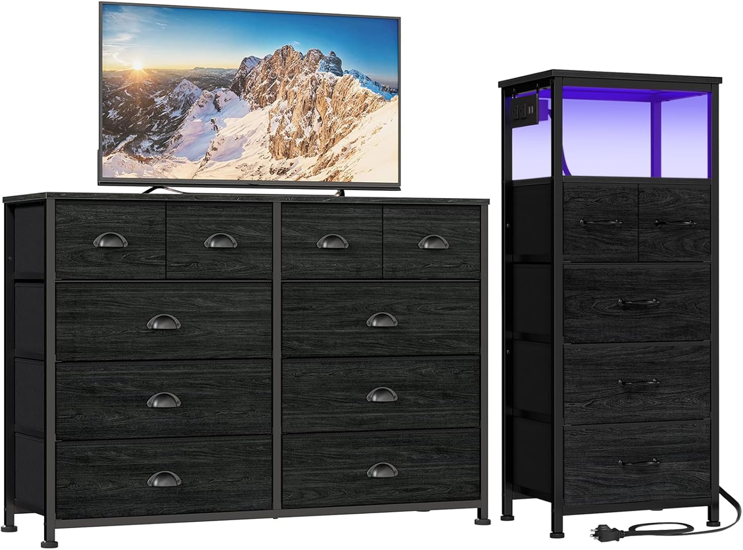 10 Drawer Dresser and Black Dresser for Bedroom with Charging Station and LED Lights