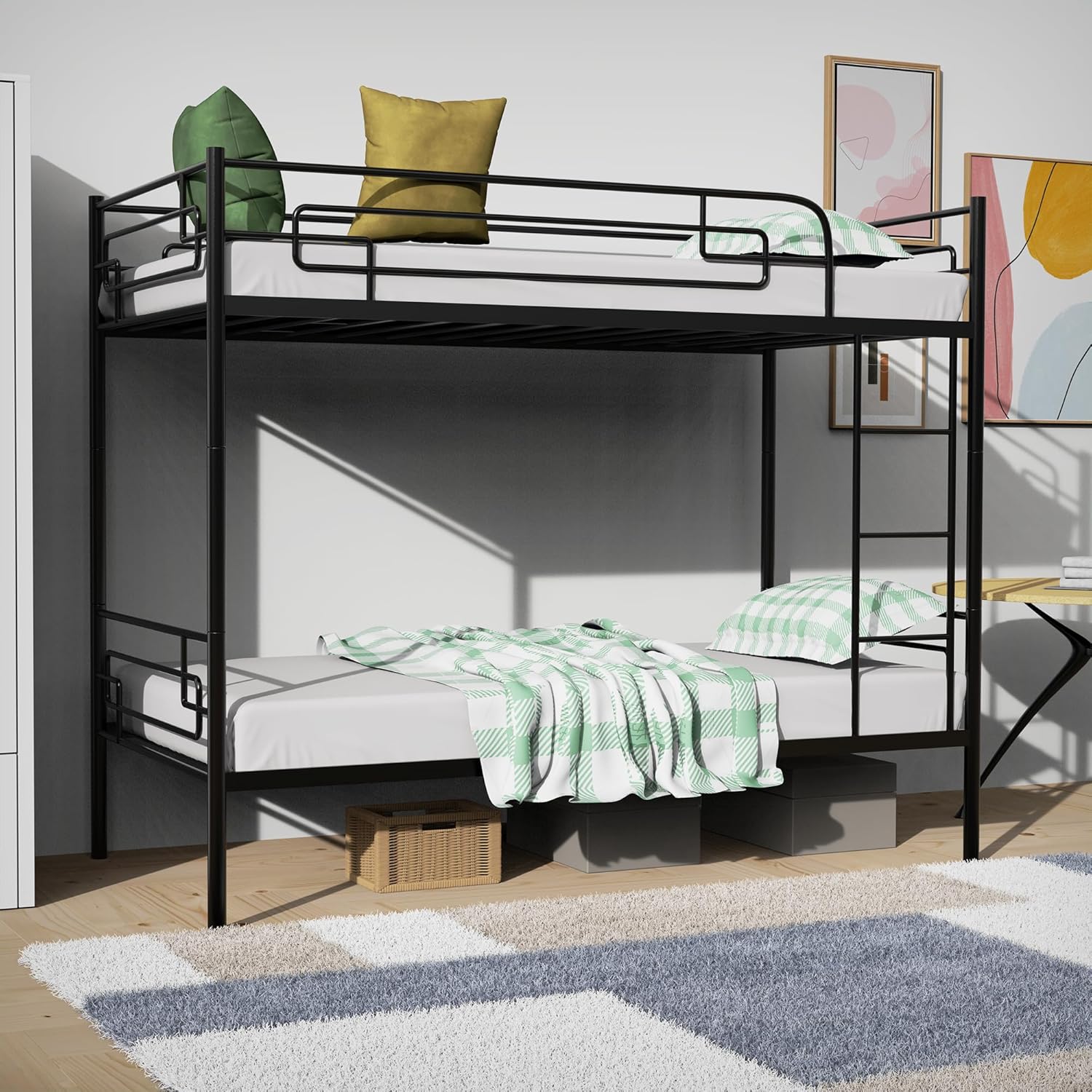 Metal Bunk Bed Twin Over Twin, Heavy Duty Bunk Bed with Ladder & Safety Guardrail, Convertible Twin Bunk Beds into 2 Individual Twin Size Bed for Kids Adults, Black