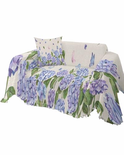 Floral Blue Cover Couch Covers for 3-4 Cushion Couch Throw Couch Cover with Tassel Soft Slipcover Summer Country Hydrangea Flowers on Burlap White Couch Furniture Protector for Dog Pet 71