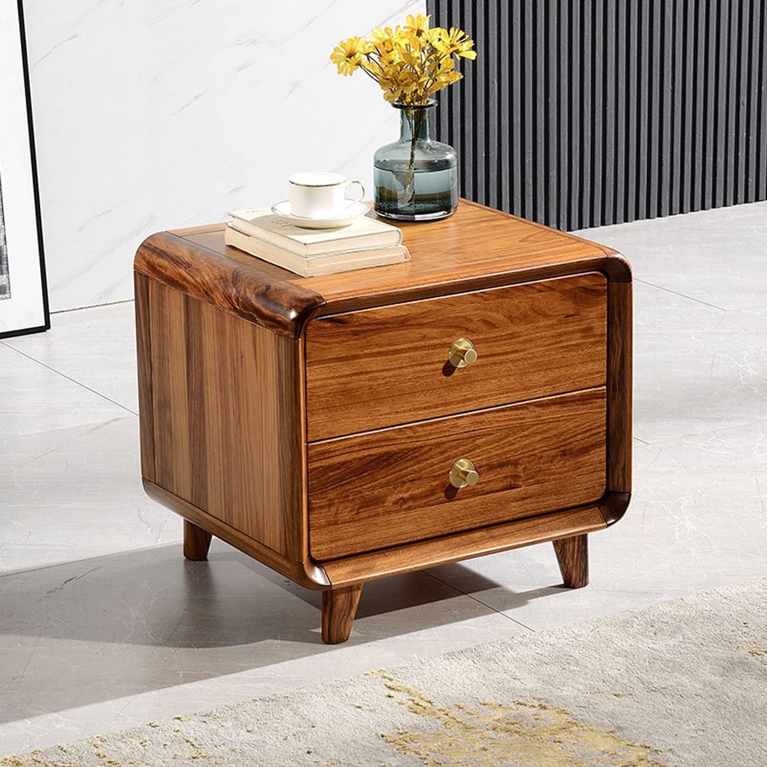 Minimalist Nightstand with 2 Drawer, Light Luxury Bedside Table, Solid Wood Storage Cabinet, Night Stands Side Tables for Living Room Bedroom Furniture