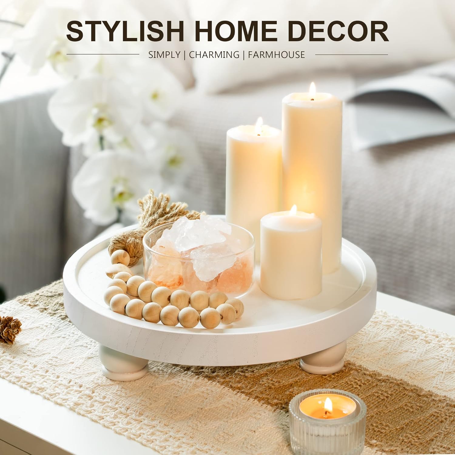 Farmhouse Pedestal Stand Set for Home Decor - Rustic Pedestal Stand for Your Coffee Table, Laundry Room and Bathroom Counter Organizer (White)