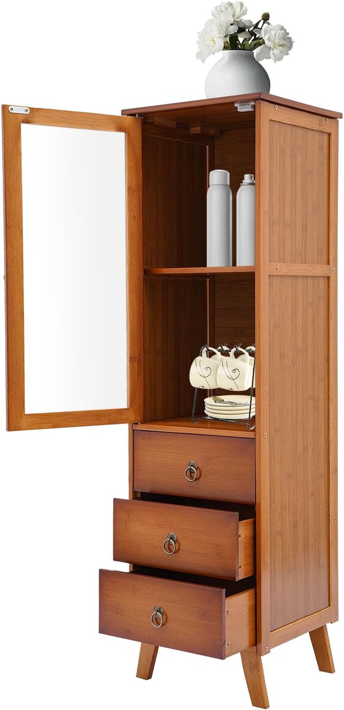 Wooden Side Storage Cabinet 43.3 H Bathroom Floor Cabinet Bamboo Storage Cabinet with Drawers Freestanding Single-Door Cupboard Pantry Cupboard for Living Room Kitchen