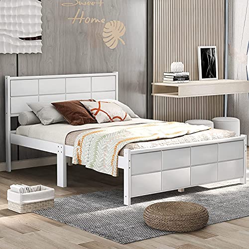 Full Platform Bed, Rockjame Minimalistic Stylish Wood Bed Frame with Rectangular Line Shape Headboard and Footboard, Perfect for Kids, Teens and Adults (Walnut) (Color : White, Size : Queen)