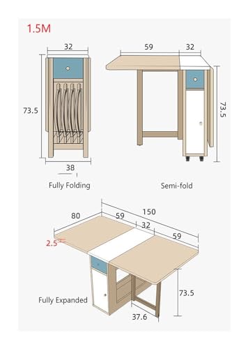 Foldable Dining Table, 4 Piece Folding Chair Set Extendable Dining Table Holds Chairs Space Saving Foldable Kitchen Table(Yellow,1.5M)