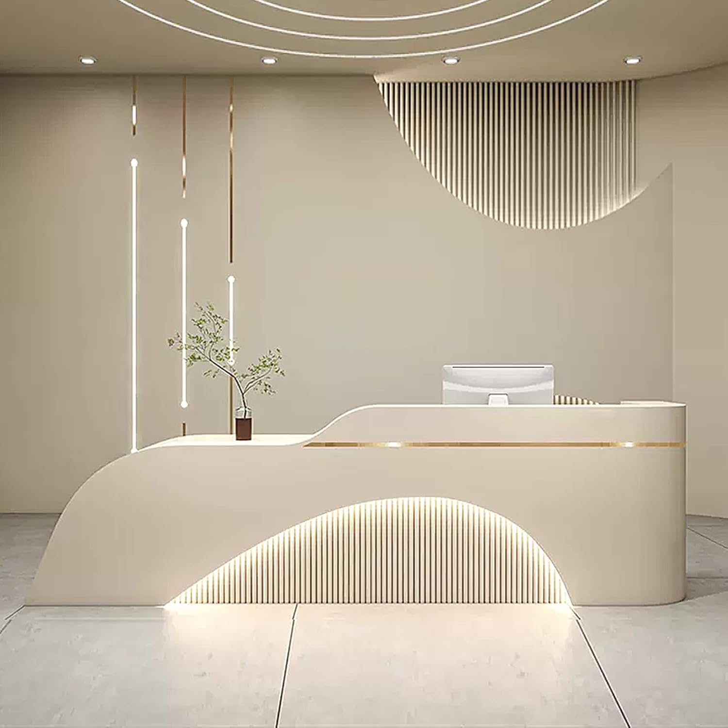 Reception Desk - Modern Reception Desk Counter Desk with LED Light Strips & Wavy Panel & Easy to Clean | Customizable Logo, for Store Shop Clinic Office (60'')