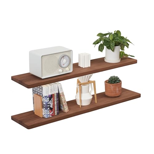 Solid Wood Floating Shelves 35.4 Inch, 8 Inch Deep Dark Walnut Wood Wall Shelves Set of 2, Storage Shelves Wall Mounted for Bedroom, Living Room, Kitchen, Office