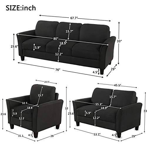 3-Piece Living Room Sets Modern Fabric Upholstered Sectional Sofa w/Couch,Loveseat &Armchair for Office Lobby,Mid-century Sectional Couch Corner Sofa w/Padded Cushions &Wooden Frame for 6 (Black)