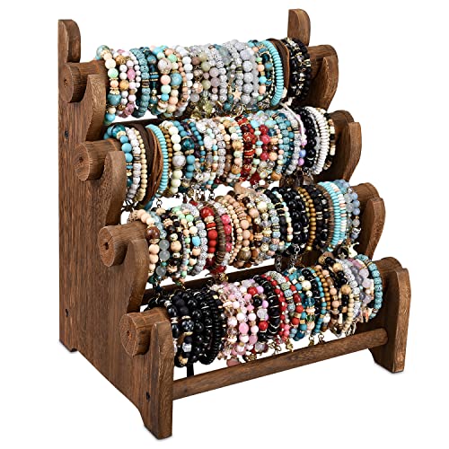 Ikee Design 2 Pcs Antique Wooden 4 Tier Jewelry Bracelet Display Stand Bangle Scrunchie Organizer Holder for Store, Showcase and Home Storage, 12 W x 9 D x 14 H in, Brown Color