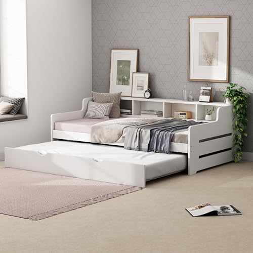 Twin Size Day Bed with Trundle, Wooden Sofa Bed Frame with Multifunctional Storage Shel for Guest Room, Small Bedroom, Study Room (Gray-078)