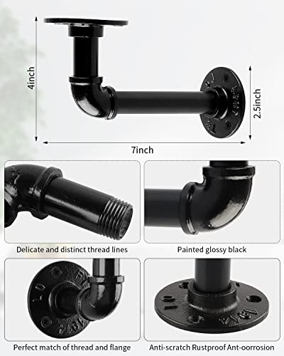 MUZIK Shelf Brackets, 12 Pack Industrial Pipe Floating Shelf Bracket, Heavy Duty Wall Mount Shelf Brackets & Supports, Vintage Black Iron Finish DIY Pipe Brackets for Shelves (7*4 Inch)