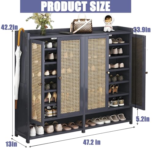 8 Tier Bamboo Shoe Cabinet Storage for Entryway, 40 Pairs Shoe Rack for Closet, Rattan Storage Cabinet with Doors for Hallway Living Room, Grey
