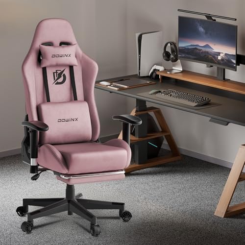 Dowinx Gaming Chair with Massage Lumbar Support, Suede Fabric Ergonomic Computer Chair with Footrest for Adults, High Back Reclining Game Chair for Office Gaming, Grey