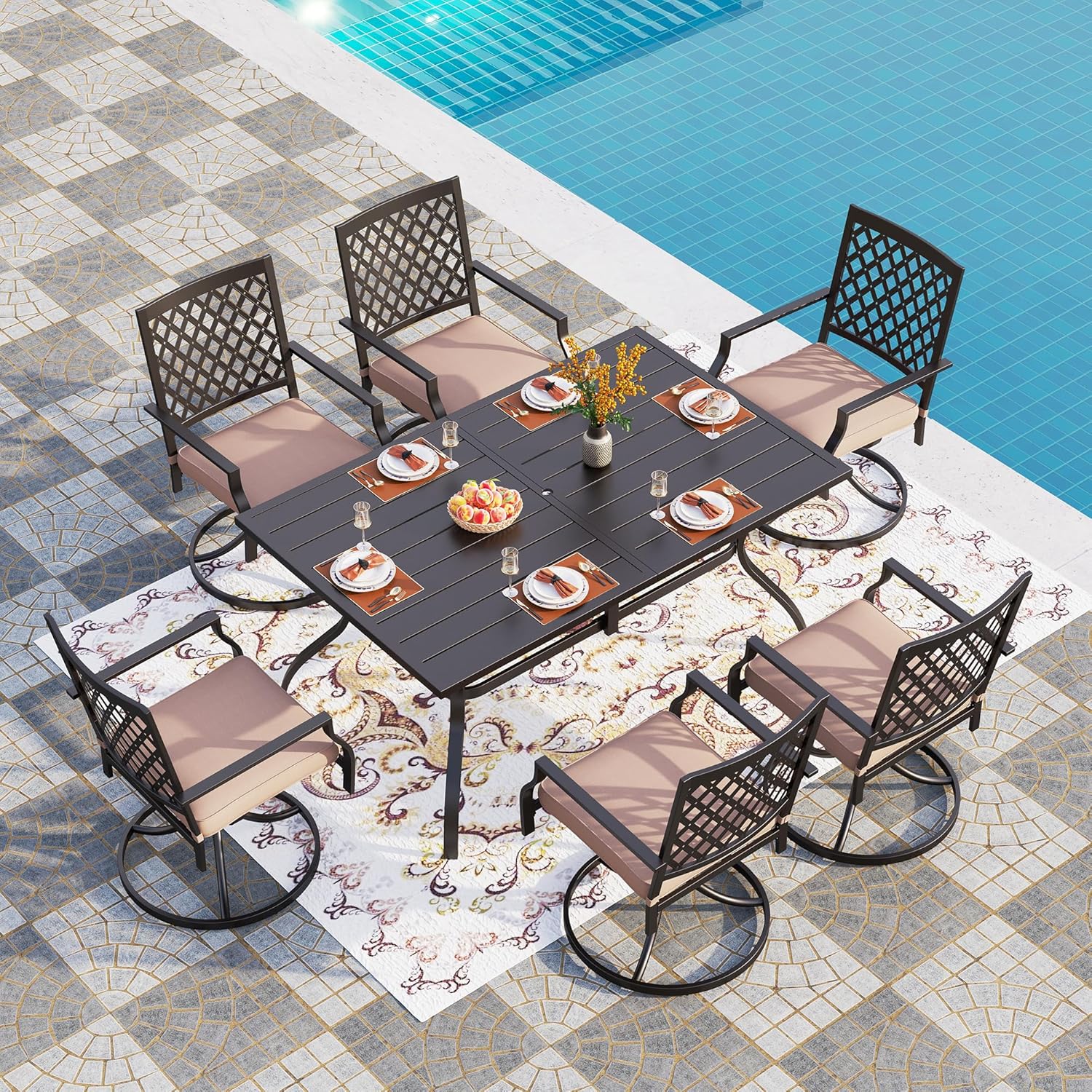 PHI VILLA 7-Piece Outdoor Dining Set, 6 Steel Metal Swivel Patio Chairs & 1 Rectangular Dining Table, Black