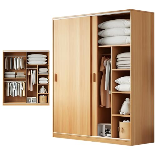 LITFAD Mutil-Functional Wood Wardrobe Modern Storage Armoire Closet with Sliding Doors Freestanding Closet with Shelves and Clothing Rods for Bedroom,White-39.5