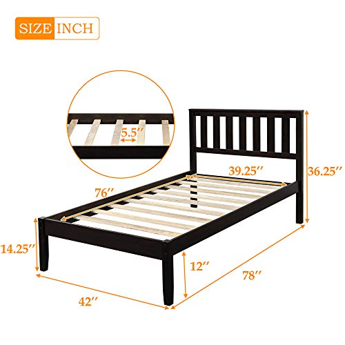 Twin Size Wood Bed Frame, Modern Style Platform Bed with Headboard & Footboard, Solid Wood Slat Support, No Box Spring Needed, Panel Bed Mattress Foundation for familys, Walnut